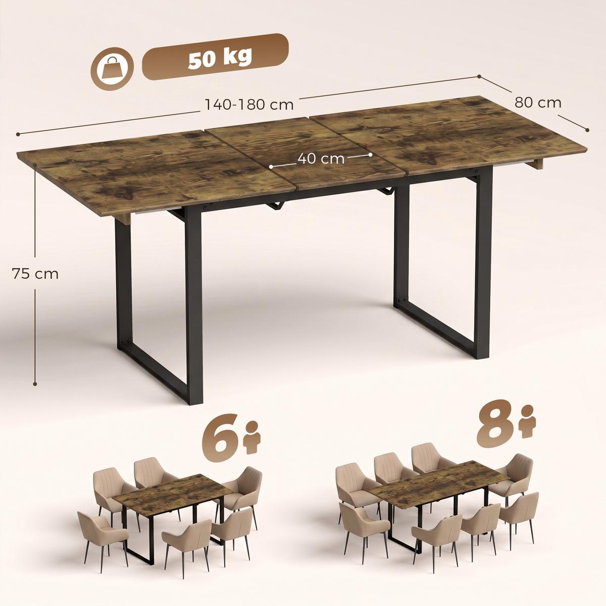 AUSZIEHBARER Esstisch MDF Rustikal-Braun - Schwarz/Braun, Holzwerkstoff (180/80/75cm) - HOMCOM