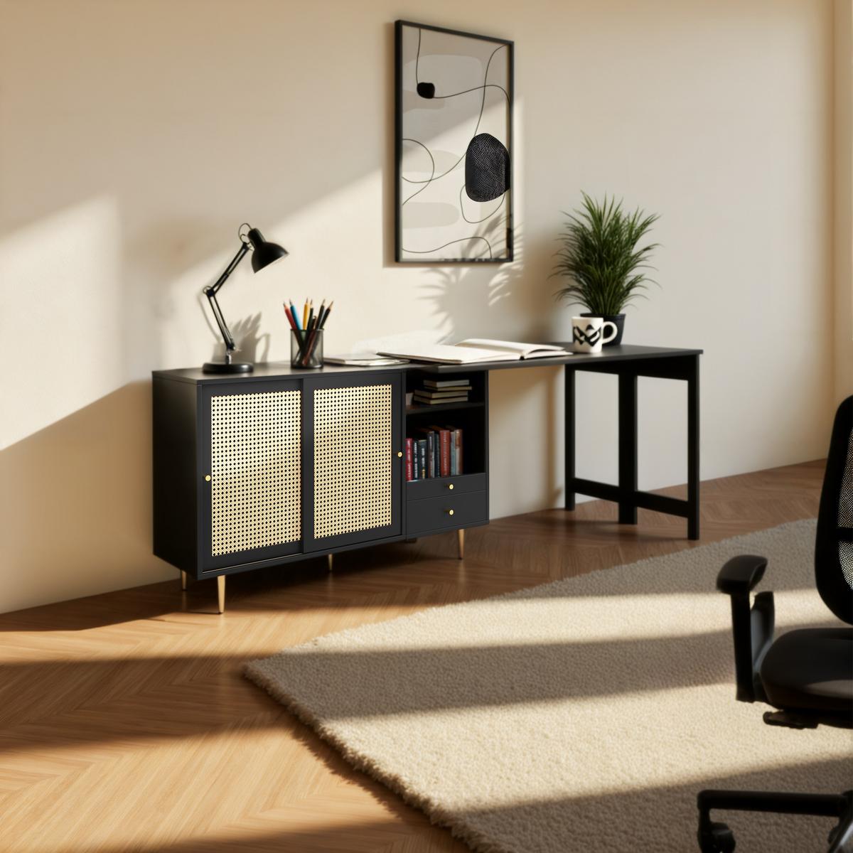 BÜROTISCHE mit Rattan-Türen, 187/40/76cm - Schwarz, Holzwerkstoff (187/40/76cm) - Urban Meuble