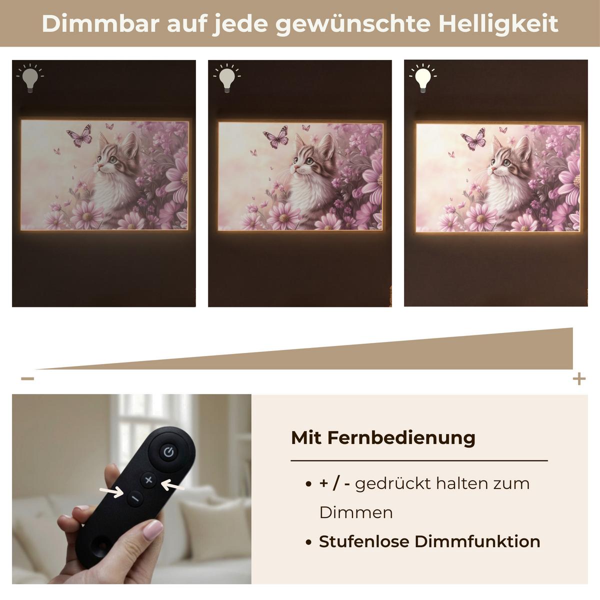 WANDLEUCHTE MIT AKKU Kätzchen - Blumen - Schmetterlinge - Lila 100x70 cm - Altrosa, Holzwerkstoff (100/70/8cm) - OnlyWow