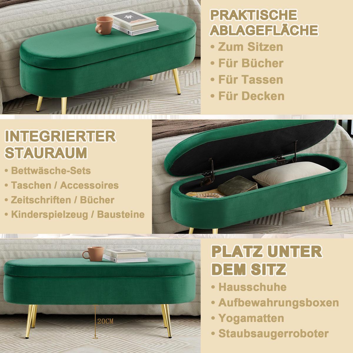 AUFBEWAHRUNGSTRUHE velvet & gold 110 cm - Dunkelgrün, Textil (110/42/40cm) - Urban Meuble