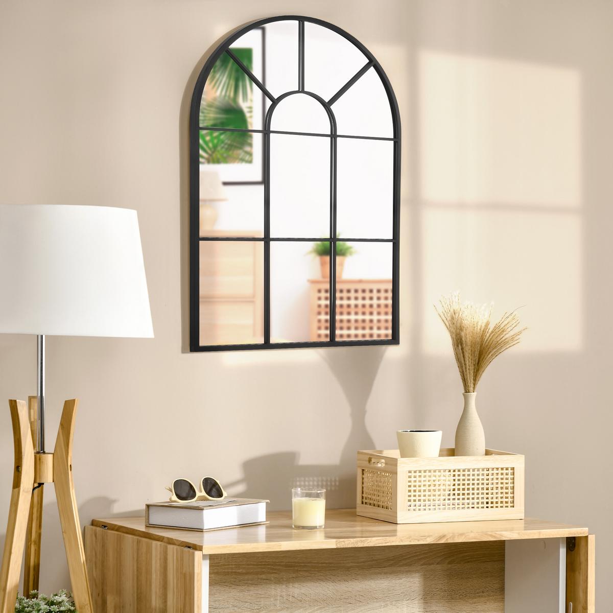 91 x 60 cm Wandspiegel Bogenfenster-Spiegel Wohnzimmerspiegel Schwarz Metall - Schwarz, Glas/Metall (2/60/91cm) - HOMCOM