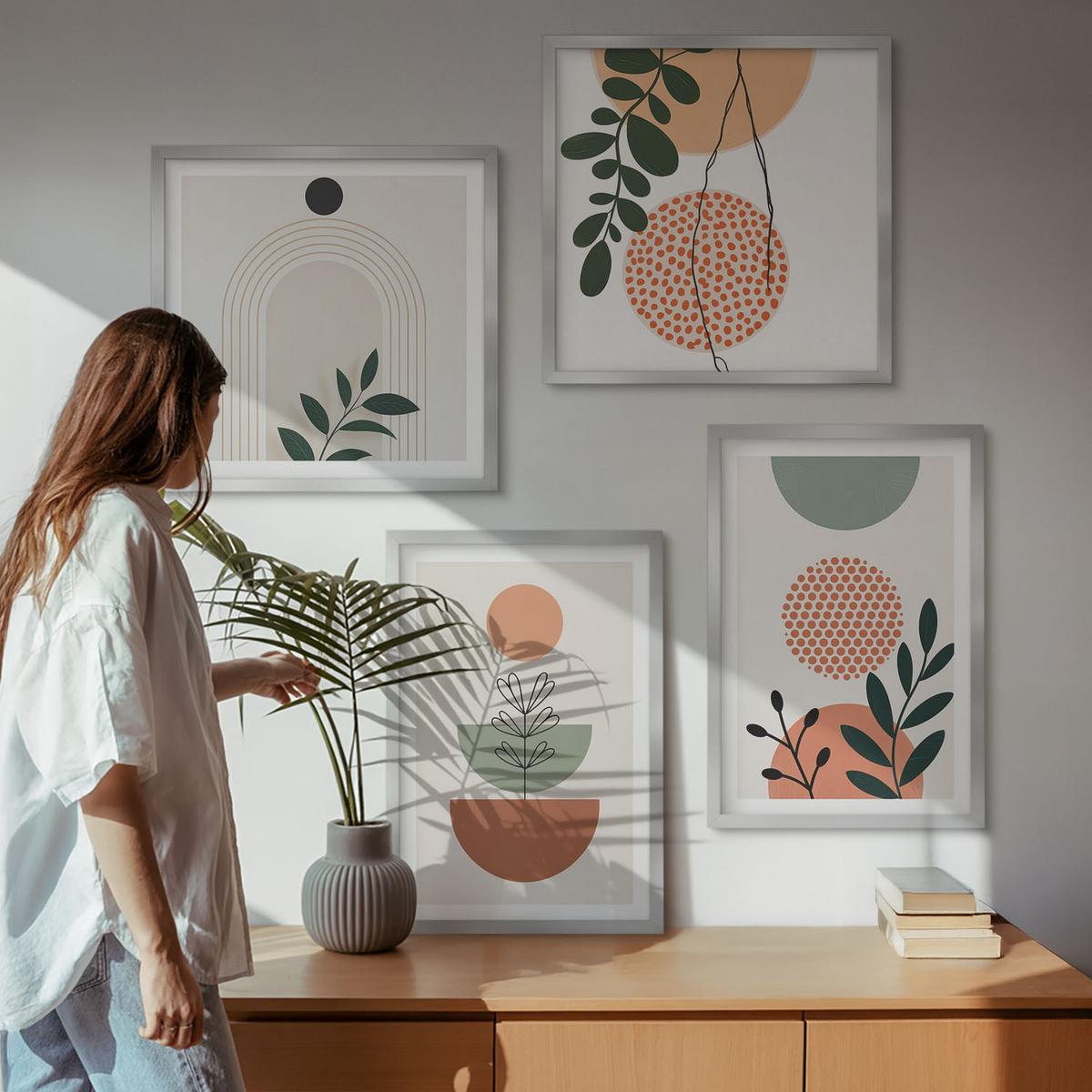 BILDER SET 4er Set - 50x50 cm & 40x60 cm Silberner Rahmen - Moderne Pflanzenmotive - Silberfarben, Kunststoff (50/50cm) - TULUP