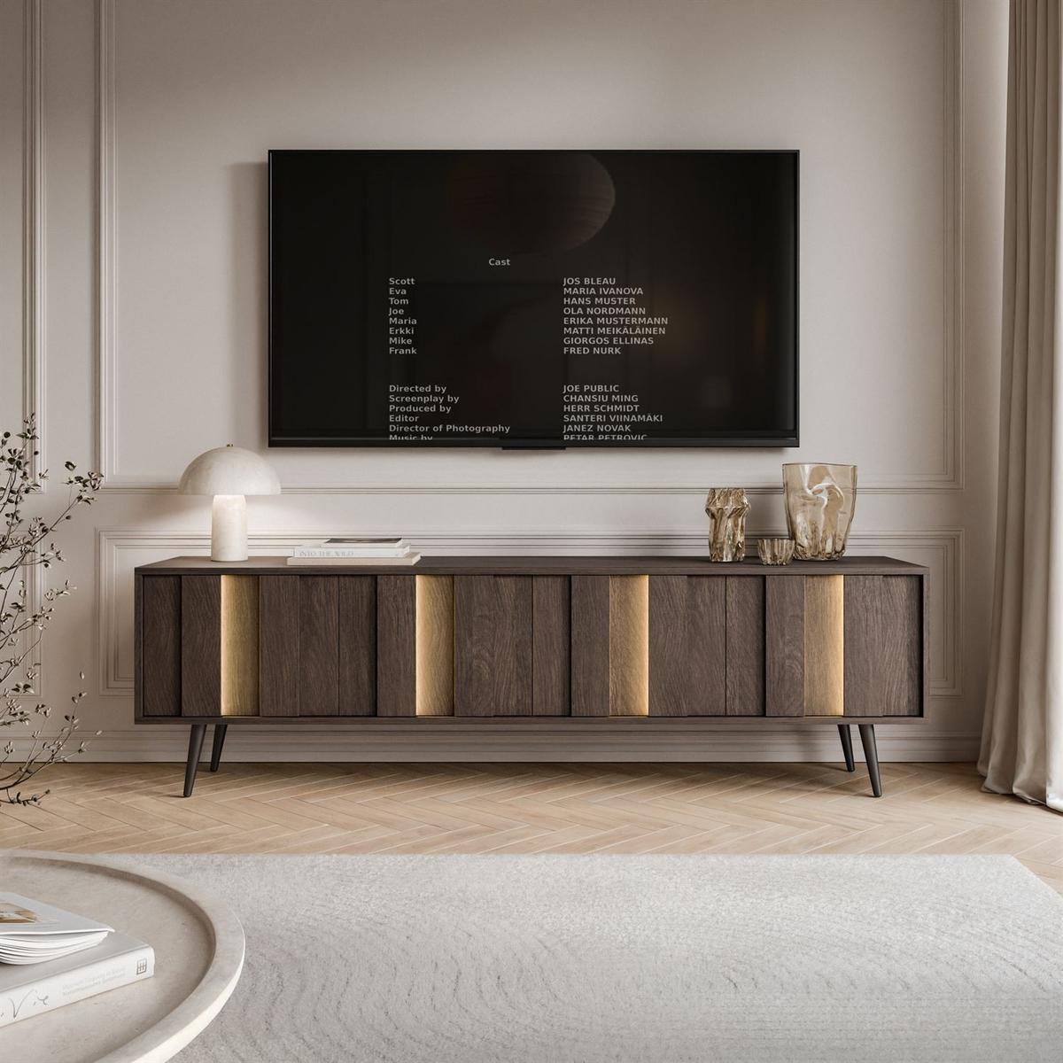 TV-SCHRANK ALMA mit LED-Beleuchtung - Eichefarben/Schwarz, Holzwerkstoff (183/54/40cm) - Lookway