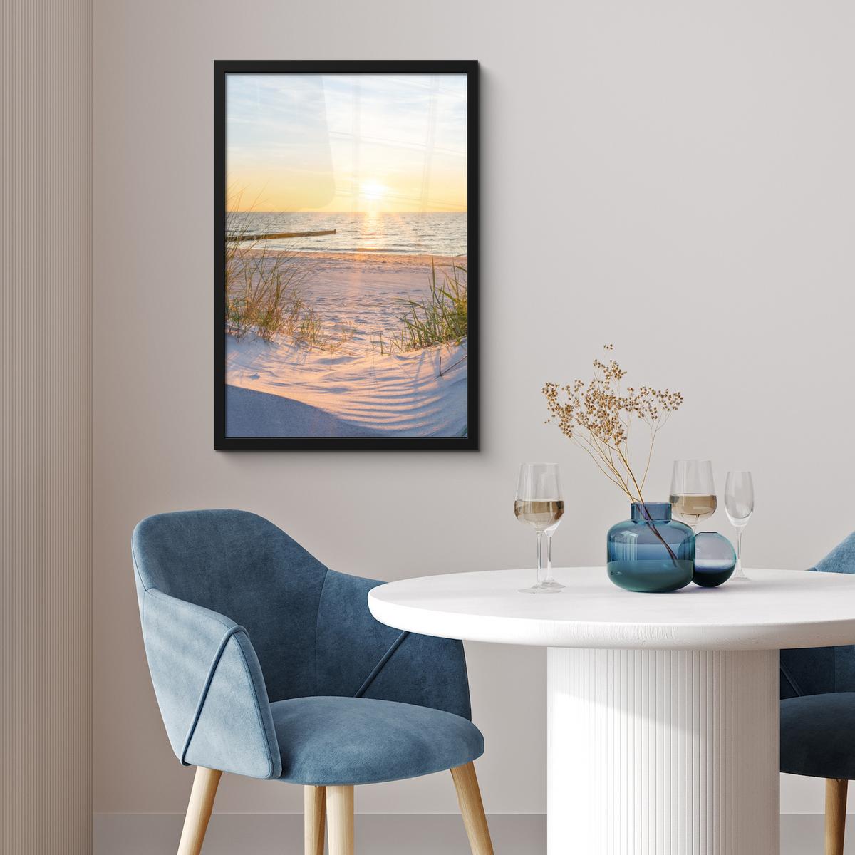 POSTER MIT RAHMEN Strand - Sonne - Düne - Gras - Sand - Horizont Bilder mit Rahmen 40x60 cm - Hellblau, Papier (40/60cm) - MuchoWow