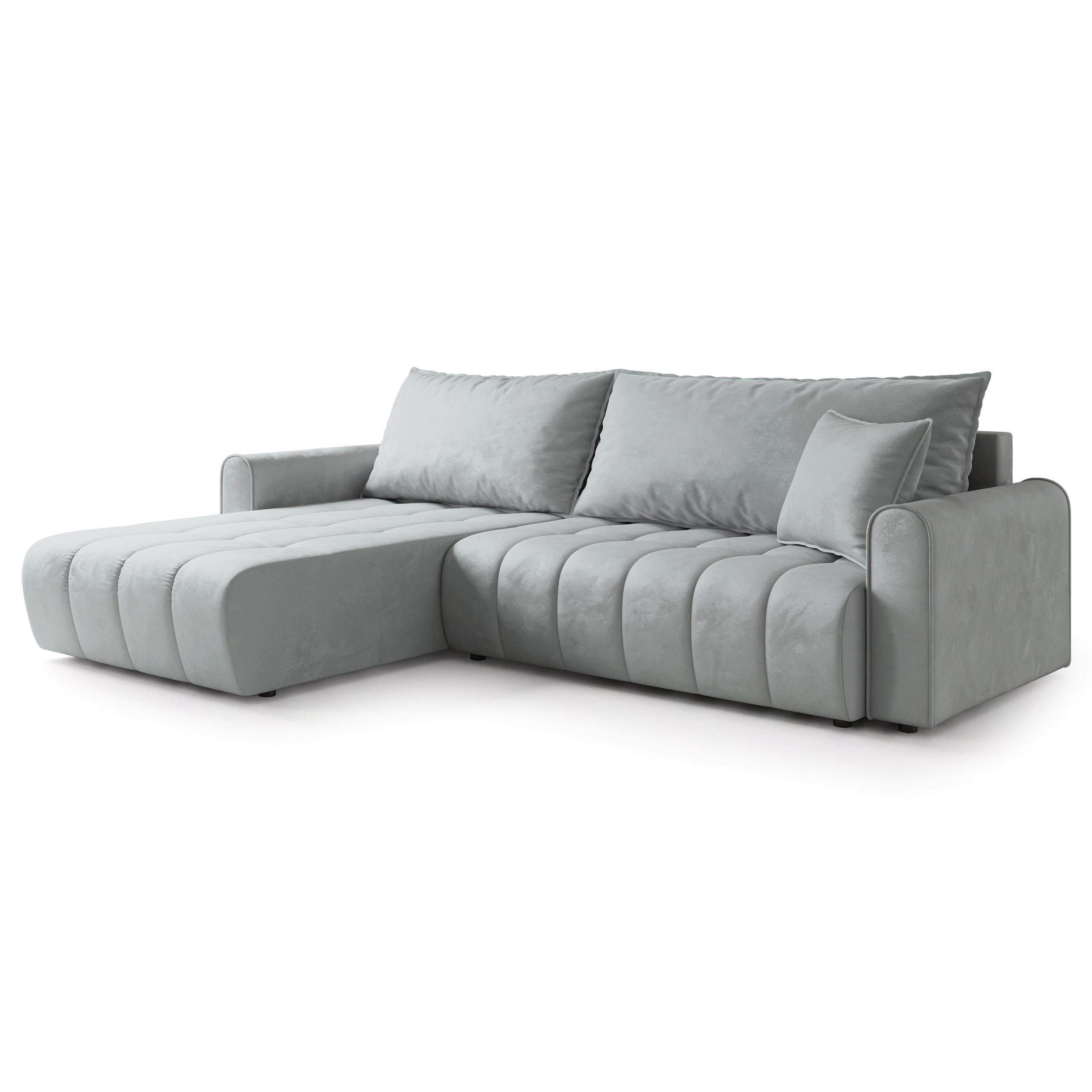 ECKSOFA FRIGA Hellgrau Velours-Stoff mit Schlaffunktion - Hellgrau, Holz (283/185cm) - MASSENO