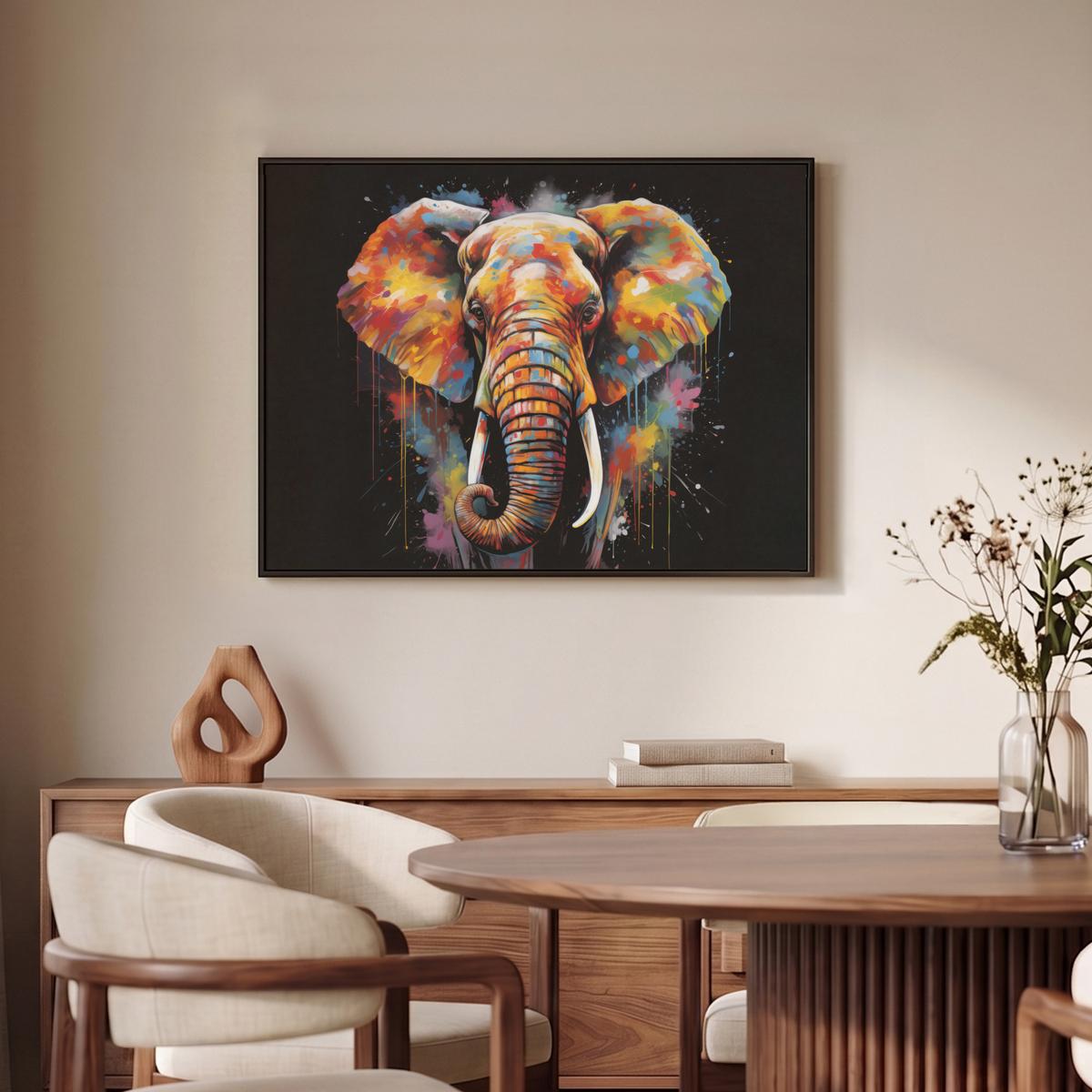 LEINWAND Bilder mit Rahmen - Elefant - Graffiti - Schwarz - Tiere - Farben - 70x50 - Schwarz, Textil (70/50cm) - MuchoWow