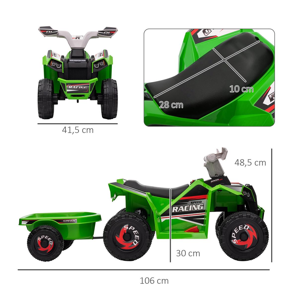 KINDERQUAD Kinder Elektro-Quad 6V Elektroauto mit Anhänger, 2,5 km/h Metall Grün - Grün, Metall (106/41.5/48.5cm) - HOMCOM