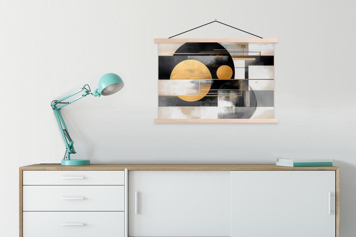 POSTER MIT MAGNETLEISTEN Abstrakt - Gold - Silber - Formen - Ästhetisch - Modern Wanddeko 90x60 cm - Goldfarben, Textil (90/60/0.15cm) - MuchoWow