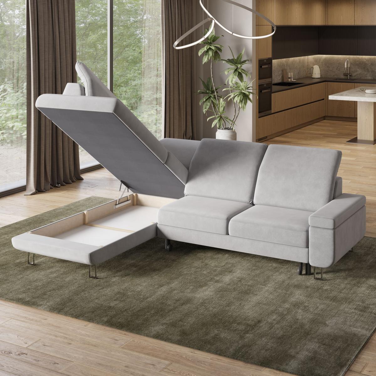 ECKSOFA LERMA L-S Grün Velours-Stoff mit Schlaffunktion - Silberfarben/Grün, Holz/Textil (253/190cm) - MASSENO