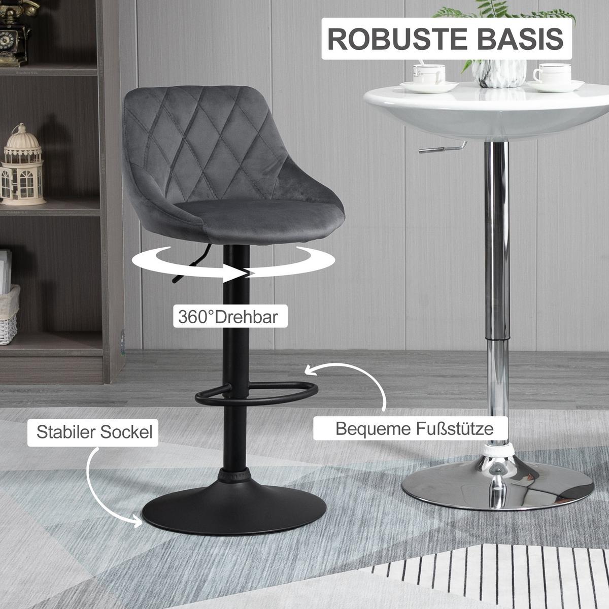 BARHOCKER 2er Set Höhenverstellbar Drehbar Barstühle mit Samtoptik, Dunkelgrau - Dunkelgrau/Schwarz, Textil/Metall (46/104/48cm) - HOMCOM