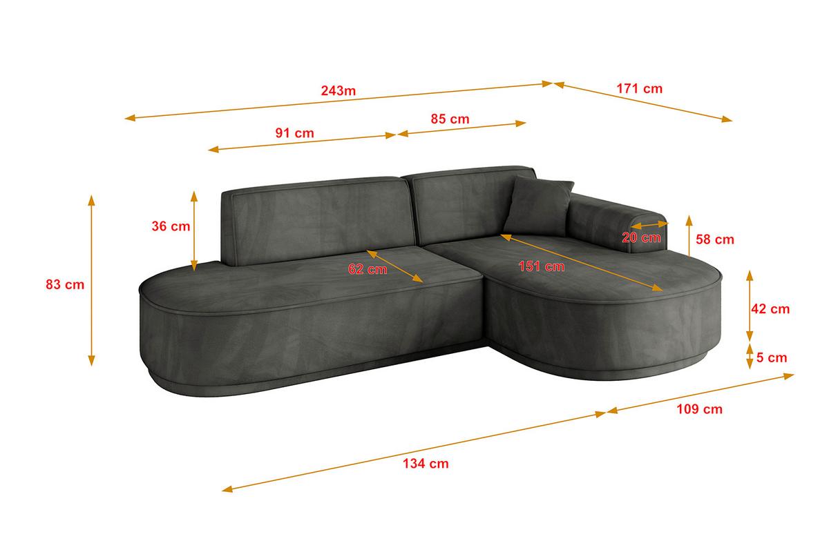 ECKSOFA Ottomane Rechts MARI-L1-v3 - 243x171x83 cm Dunkelgrau Velours - Dunkelgrau/Schwarz, Holzwerkstoff/Kunststoff (171/243cm) - ALTDECOR