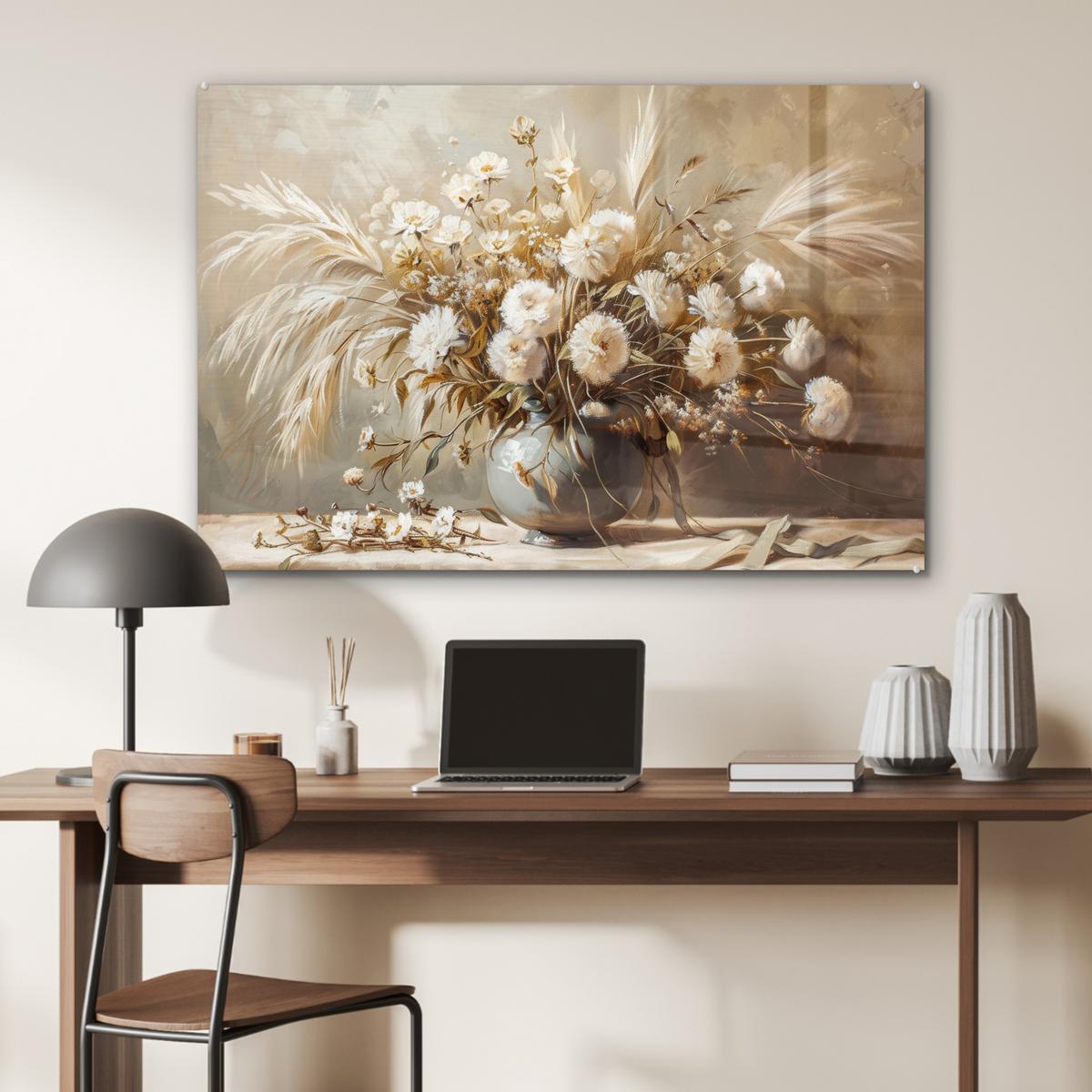 ACRYLGLASBILD Blumen - Vase - Stilleben - Beige Wandbild Schlafzimmer 120x80 cm - Creme, Glas (120/80cm) - MuchoWow
