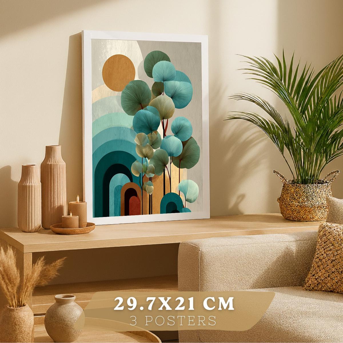 POSTER 3er Kunstdruck-Set Wandbilder Floral Abstrakt Blau Türkis modern Wohnzimmer Deko, Schlafzimmer, Küche, Badezimmer Weißer Rahmen A3 - Weiß, Papier (29.7/1/42cm) - Nacnic