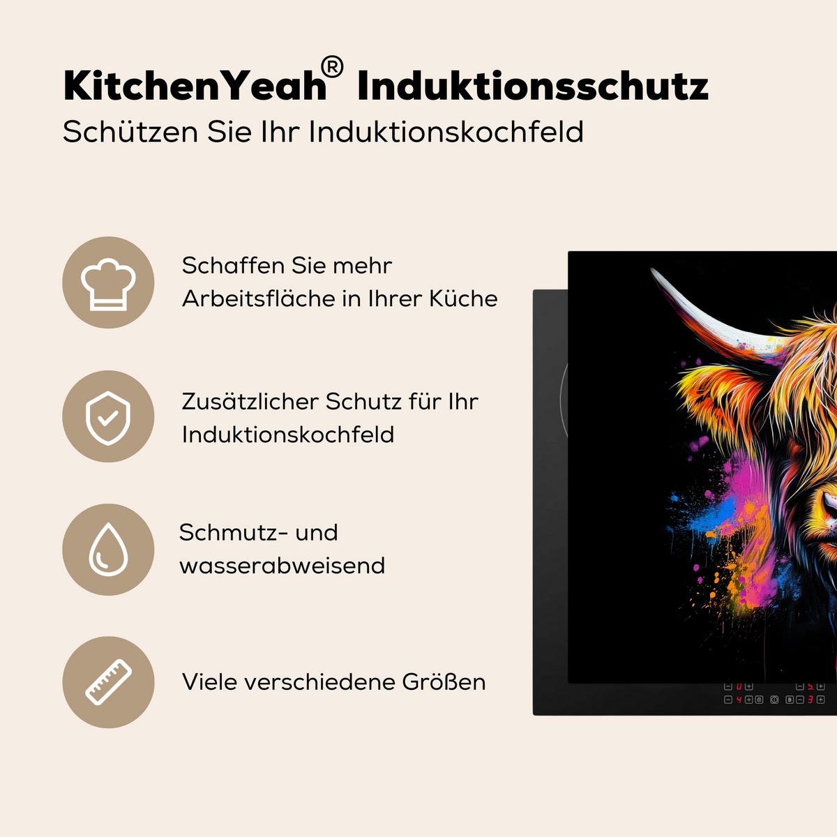 HERDABDECKPLATTE Schottischer Highlander - Graffiti - Bunt - Blume - Tiere Herdabdeckung Induktionsfeld 75x52 cm - Multicolor, Kunststoff (75/52/0.2cm) - MuchoWow