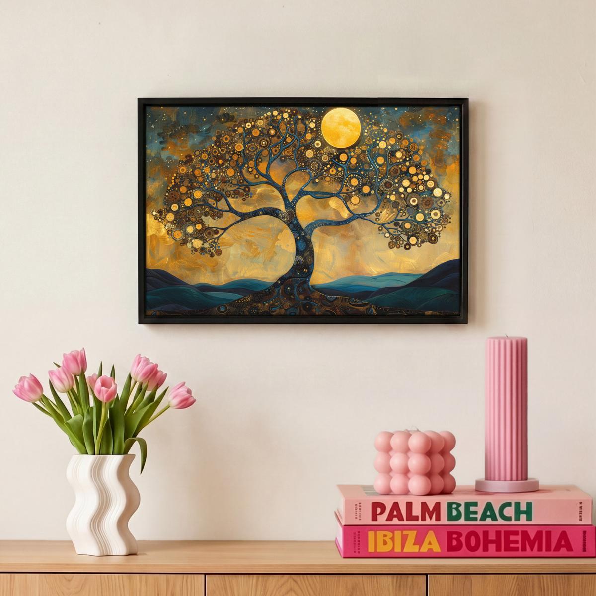 LEINWAND Bilder mit Rahmen - Baum - Mond - Blumen - Gold - Kunst - 30x20 - Orange, Textil (30/20cm) - MuchoWow