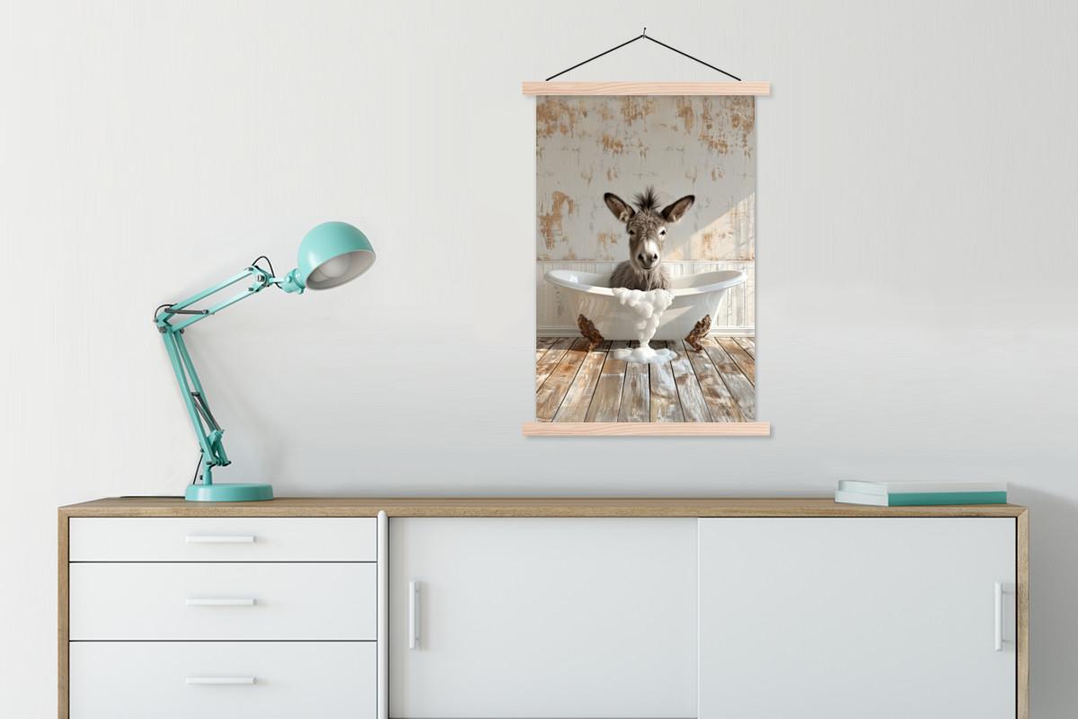 POSTER MIT MAGNETLEISTEN Esel - Tiere - Badewanne - Schaumstoff Wandbild Schlafzimmer 60x90 cm - Weiß, Textil (60/90/0.15cm) - MuchoWow