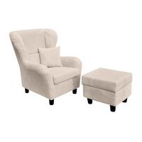 OHRENSESSEL mit HOCKER, hoher Sitzkomfort durch Wellenunterfederung B90/H98/T76 cm, Cord Beige Creme / 18017 - Beige/Schwarz, Holz/Textil (90/98/76cm) - luma-home