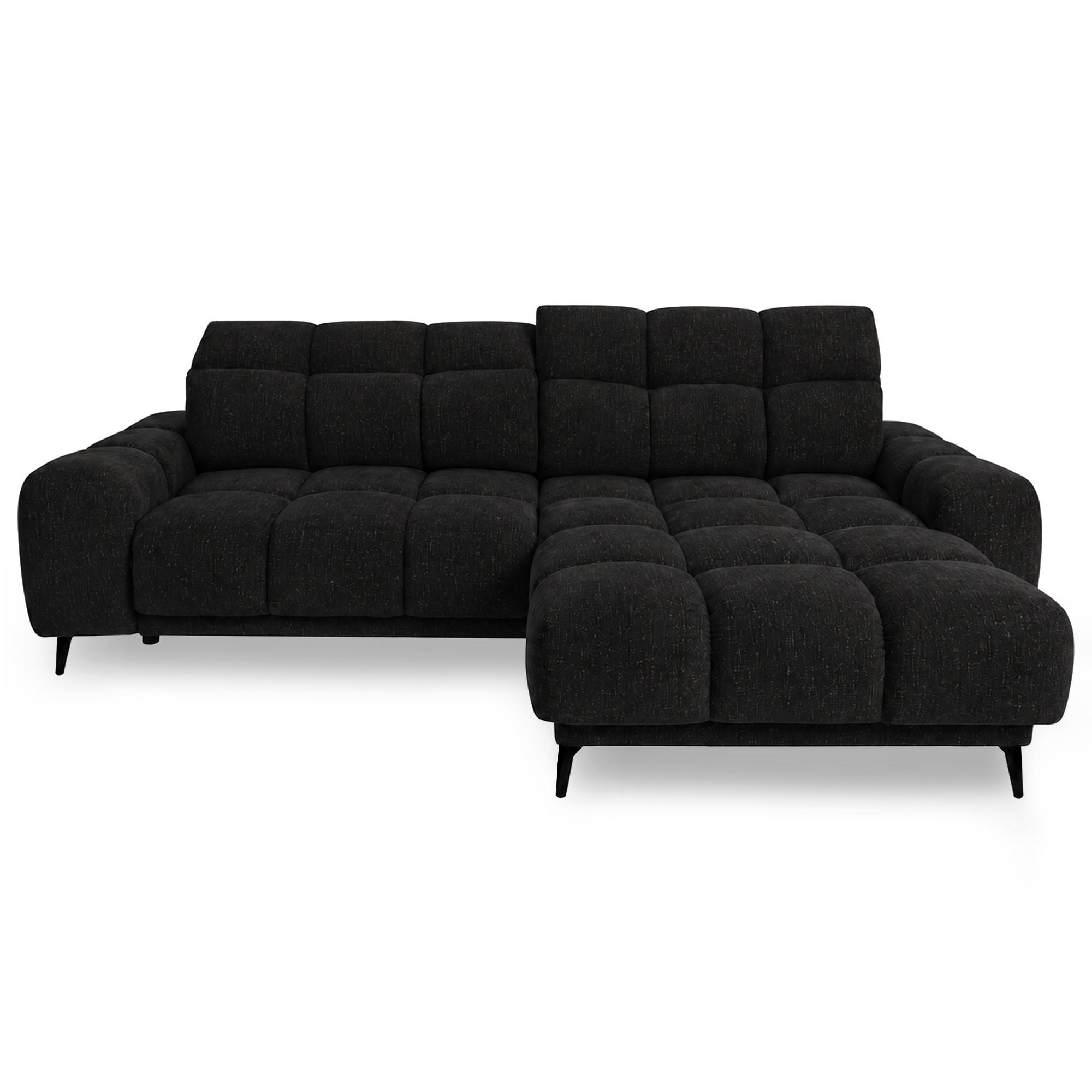 ECKSOFA Marco Mini mit elektrisch ausfahrbarem Sitz und verstellbaren Kopfstützen, Rechts, Chenille-Stoff, Schwarz - Schwarz, Textil (275/182cm) - Beautysofa