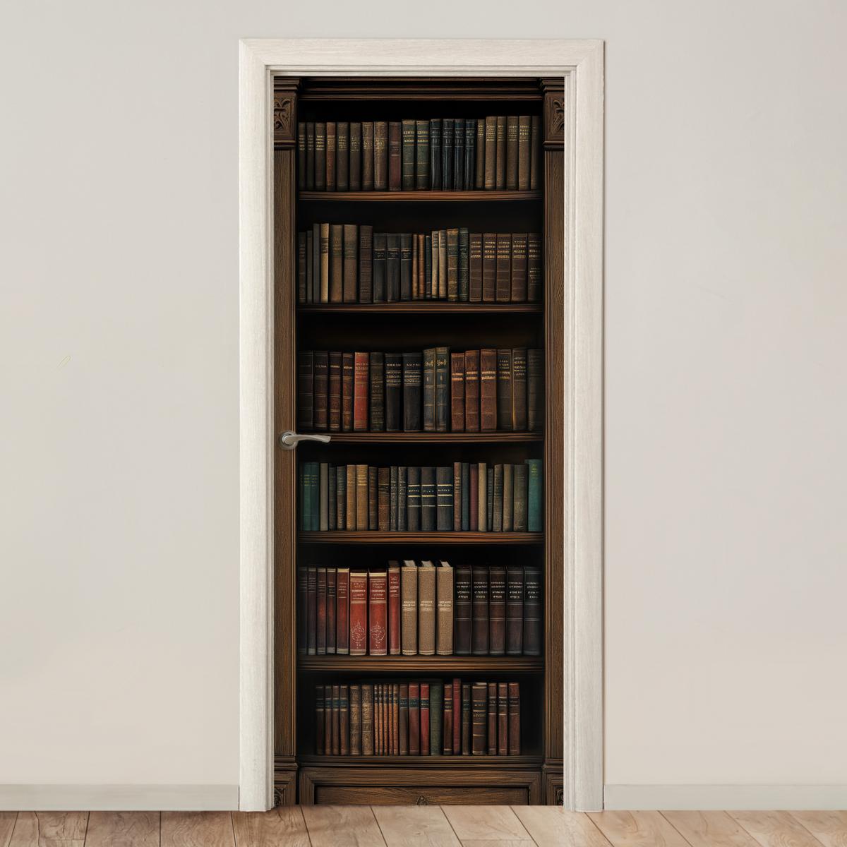 TÜRAUFKLEBER Bücherregal - Vintage - Braun Fototapete selbstklebend 80x205 cm - Türtapete - Nussbaumfarben, Kunststoff (80/0.1cm) - MuchoWow