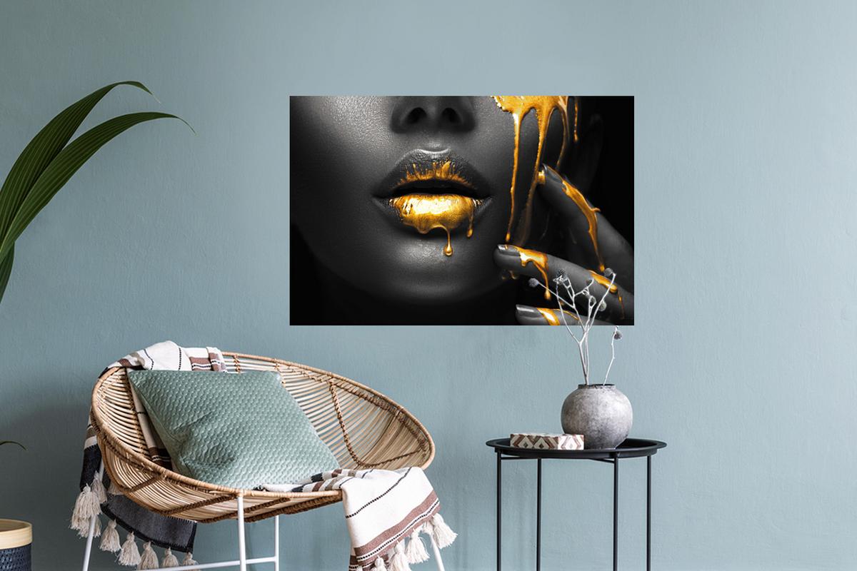 WANDTATTOO Frau - Schwarz - Gold - Gesicht - Lippen Deko Wohnzimmer 60x40 cm - Goldfarben, Kunststoff (60/40/0.1cm) - MuchoWow