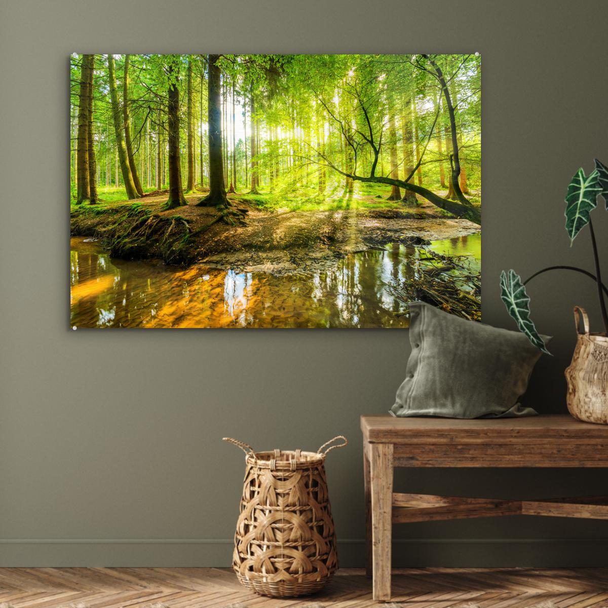 ACRYLGLASBILD Wald - Landschaft - Wasser - Bäume - Sonne - Grün - Natur Room Decor 90x60 cm - Grün, Glas (90/60cm) - MuchoWow