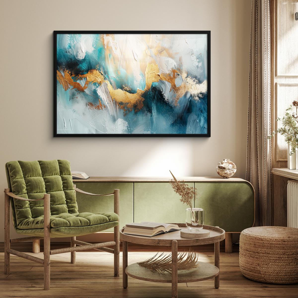 POSTER MIT RAHMENGERAHMTES BILD Abstrakt - Kunst - Gold - Blau 120x80 cm - Petrol, Papier (120/80cm) - MuchoWow