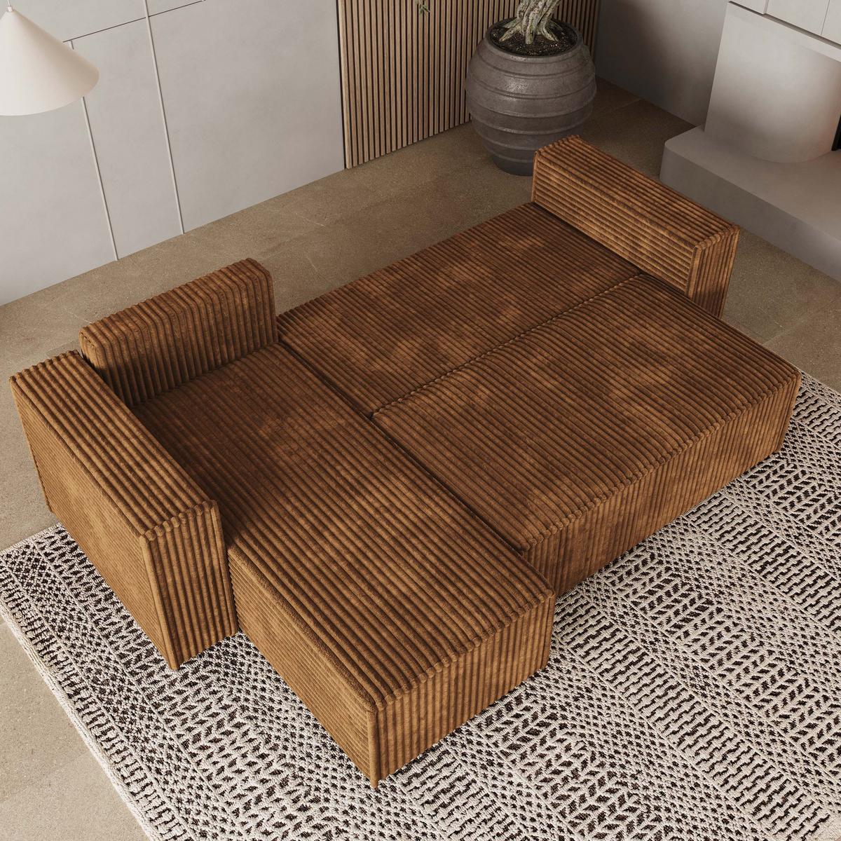 ECKSOFA RAVELO T Kupferfarben Kordstoff mit Schlaffunktion - Grau/Kupferfarben, Holz/Kunststoff (240/140cm) - MASSENO