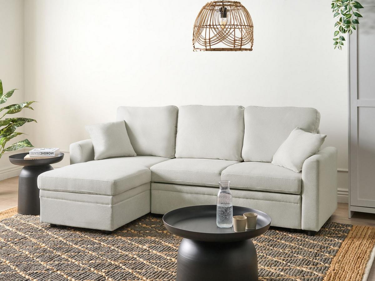 ECKSCHLAFSOFA 3-Sitzer Kunstleinen Hellbeige rechtsseitig Nassjo - Beige, Textil (210/131cm) - Beliani