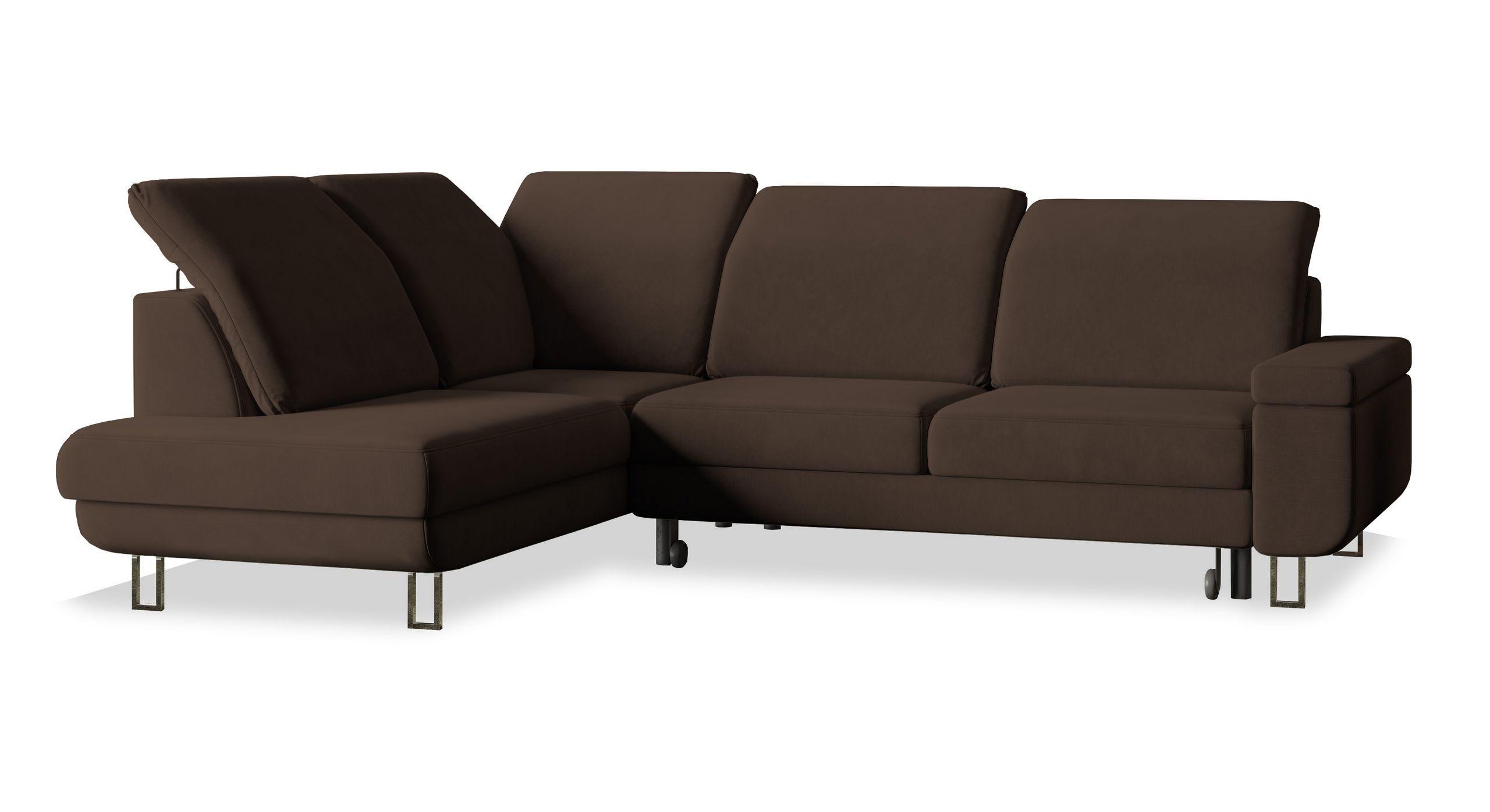 ECKSOFA LERMA L-S Braun Velours-Stoff mit Schlaffunktion - Silberfarben/Braun, Holz/Textil (253/190cm) - MASSENO