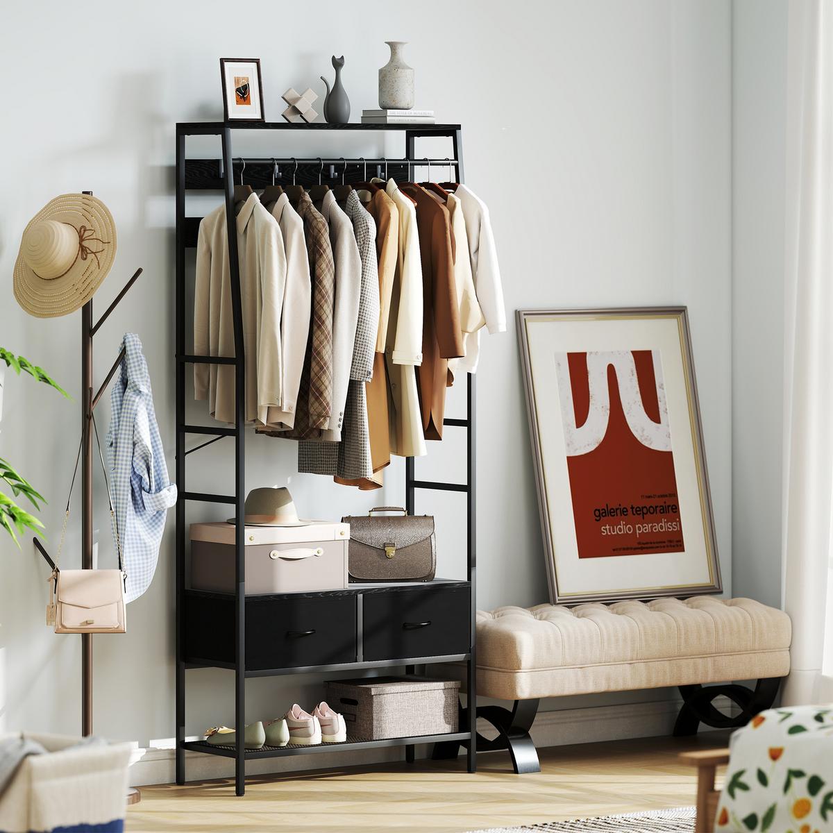 GARDEROBENSTÄNDER, Kleiderständer mit Schuhregal, 2 Schubladen, Garderobe - Schwarz, Holzwerkstoff (30/180.5/80cm) - HOMCOM