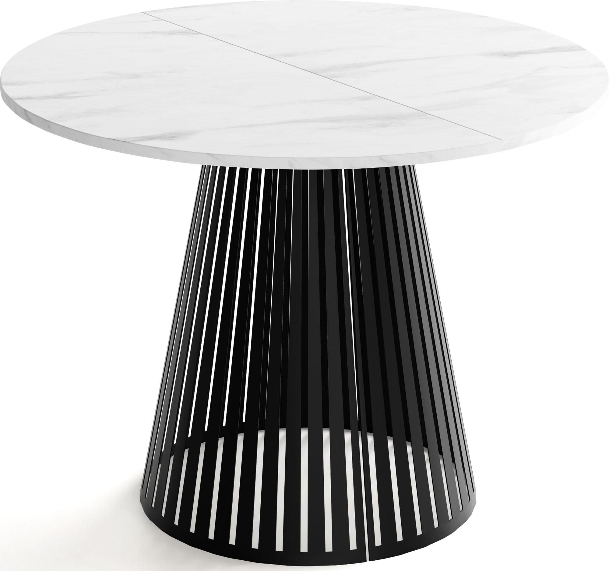 ESSTISCH Naro rund ausziehbar mit Schwarzem Lamellen-Metallgestell, Marmor Weiß 100-180/100/76 cm - Ecru/Schwarz, Holzwerkstoff/Metall (100/176/76cm) - WFL GROUP