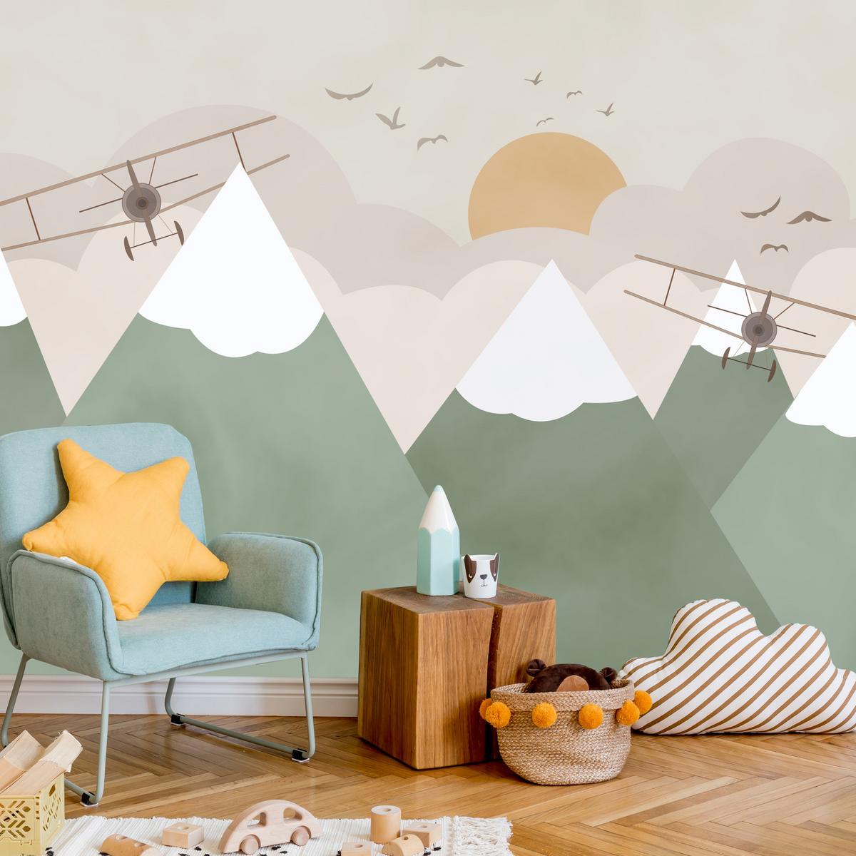 FOTOTAPETE für Kinderzimmer Berge Flugzeuge Wolken 400x280 - Beige/Orange, Papier (400/280cm) - Muralo