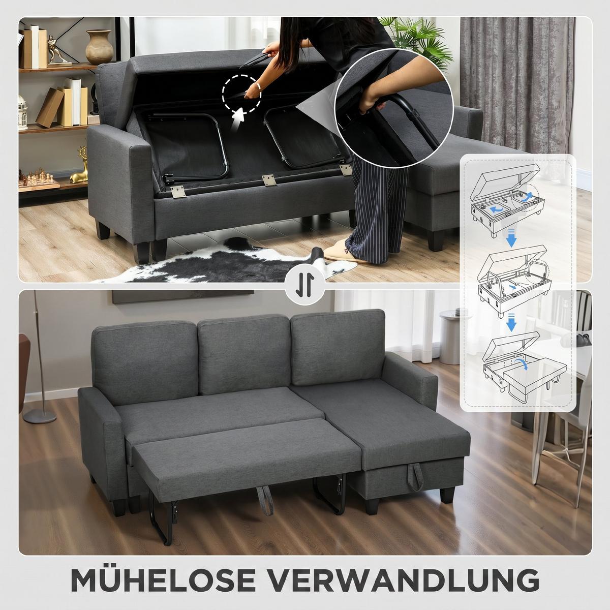 ECKSOFA-MIT-SCHLAFFUNKTION Polyetser Dunkelgrau - Dunkelgrau/Schwarz, Kunststoff/Textil (129/197cm) - HOMCOM