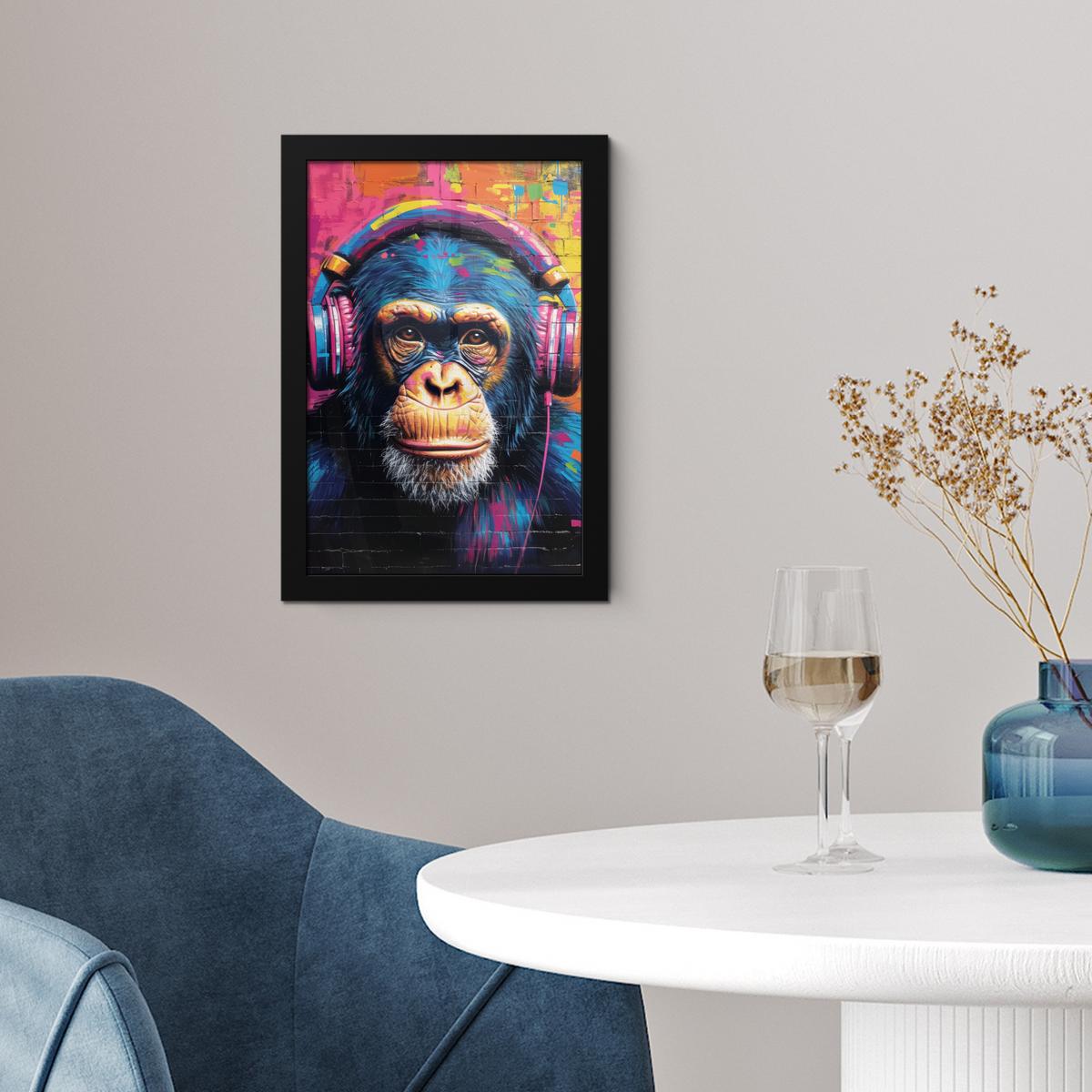 POSTER MIT RAHMENGERAHMTES BILD Graffiti - Schimpanse - Straßenkunst - Kopfhörer - Affe Poster 20x30 cm - Blau, Papier (20/30cm) - MuchoWow