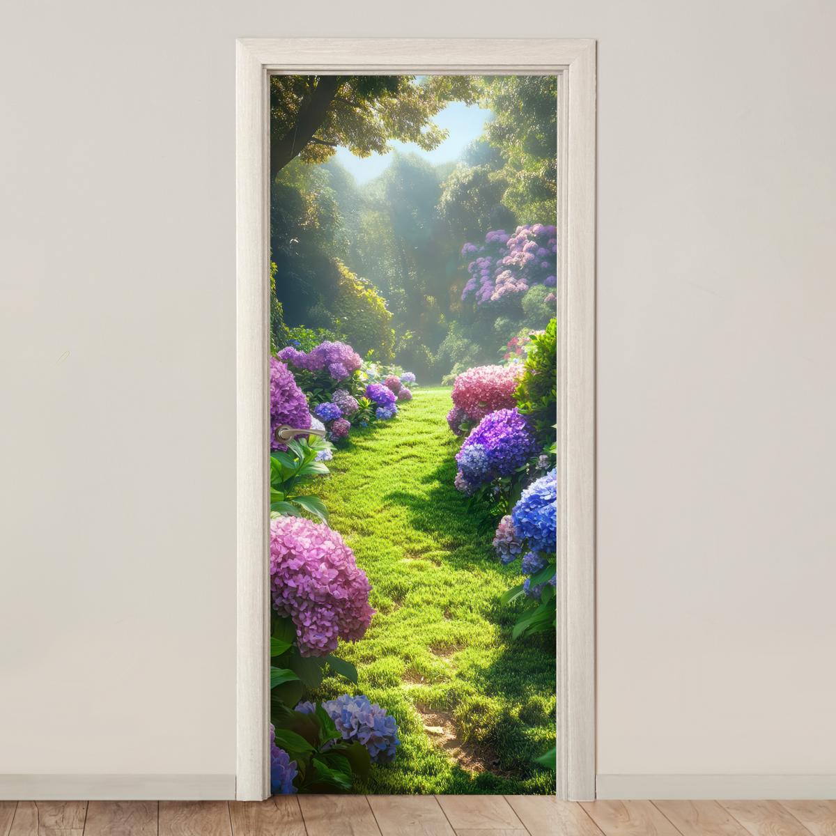 TÜRAUFKLEBER Natur - Hortensie - Blumen - Grün Deko Wohnzimmer 95x235 cm - Türtapete - Hellgrün, Kunststoff (95/0.1cm) - MuchoWow