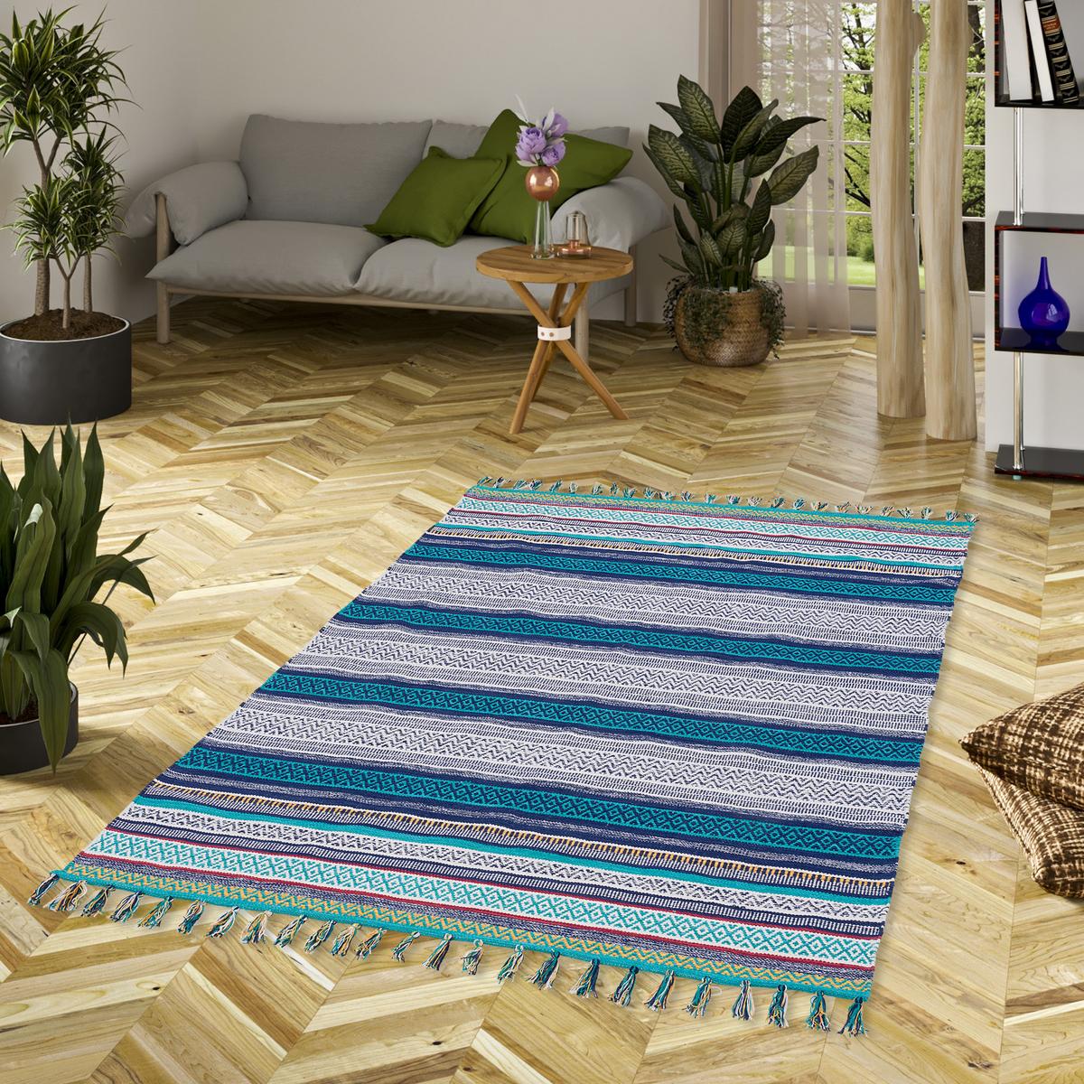KELIM BAUMWOLLE NATUR TEPPICH GRACE - Blau, Textil (200/290cm) - Pergamon