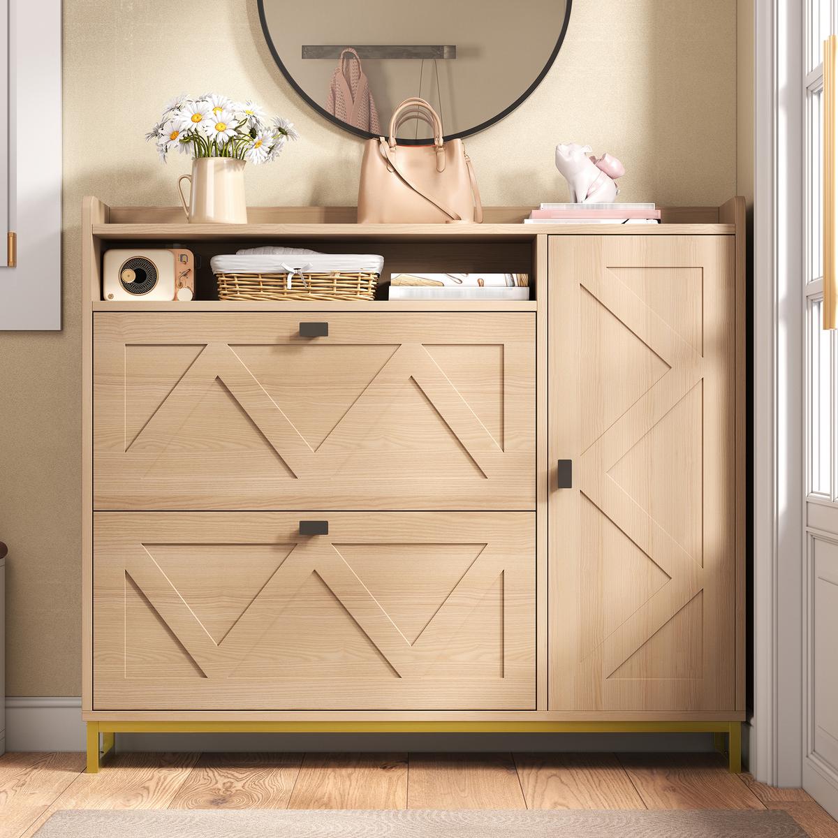 SCHUHSCHRANK mit klappdeckel in natur mit metallgestell, 2 kipper & seitenschrank - Naturfarben, Holzwerkstoff (110/100/24cm) - Urban Meuble