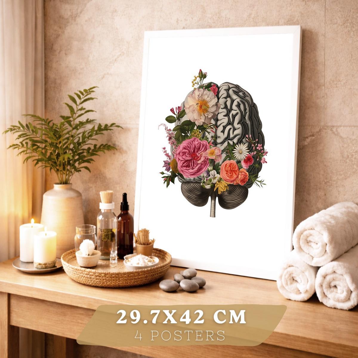 POSTER Set aus 4 Anatomie Drucke und Dekorative mit Gehirn Herz Lungen Atmungssystem Rippen Wirbelsäule Modernes Florales Größe Weißer Rahmen A3 - Weiß, Papier (29.7/42/3cm) - Nacnic