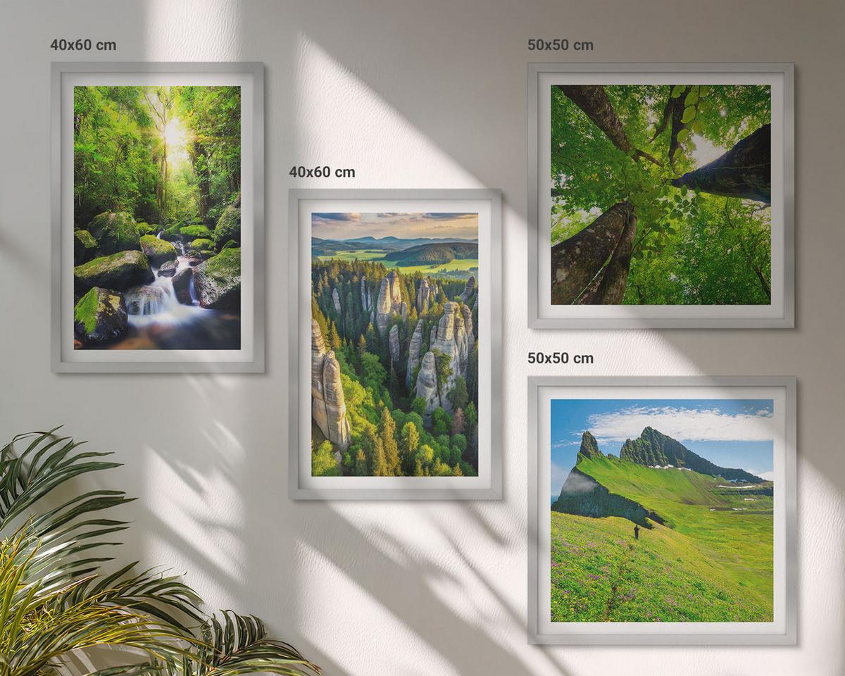 BILDER SET 4er Set - 50x50 cm & 40x60 cm Silberner Rahmen - Grüne Berge Wasserfallwald - Silberfarben, Kunststoff (50/50cm) - TULUP