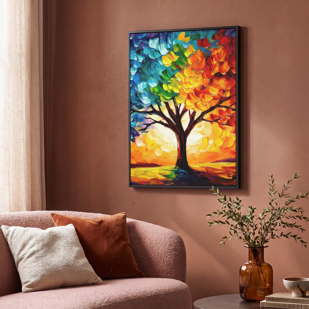 LEINWAND Bilder mit Rahmen - Baum - Kunst - Natur - Sonnenuntergang - 70x100 - Multicolor, Textil (70/100cm) - MuchoWow
