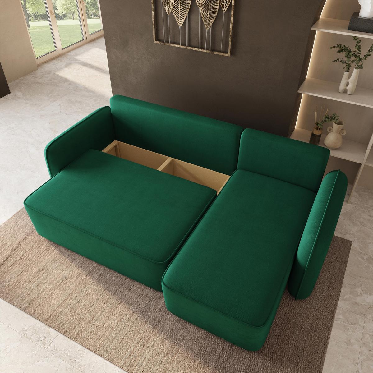 ECKSOFA DOLVER Grün Plüsch-Stoff mit Schlaffunktion - Grün, Holz (238/156cm) - MASSENO