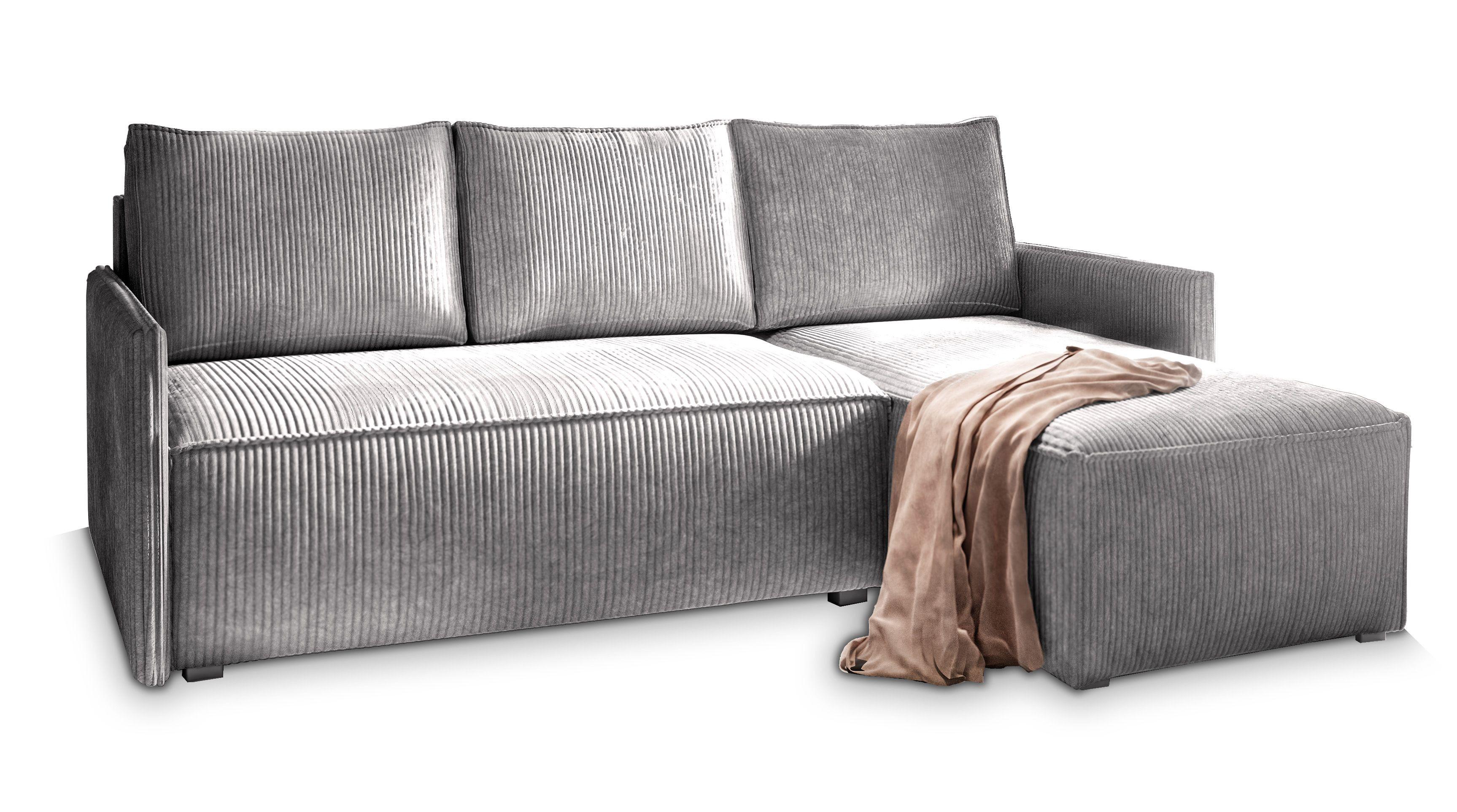 ECKSOFA PERUSI Hellgrau Kordstoff mit Schlaffunktion - Hellgrau/Grau, Holz/Kunststoff (206/143cm) - MASSENO