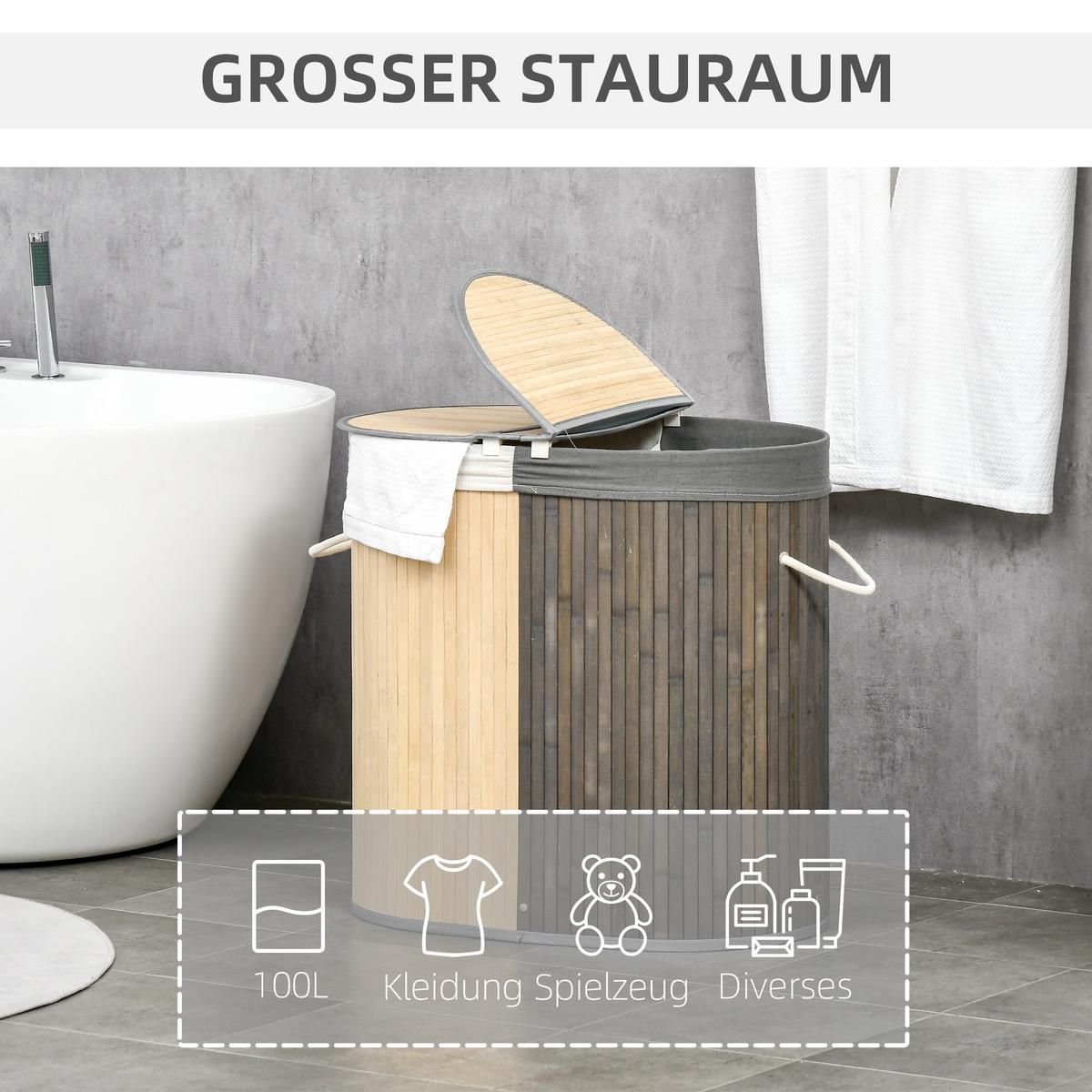 WÄSCHEKORB Bambus Grau Natur - Hellbraun, Naturmaterialien (37/60.5/62.5cm) - HOMCOM