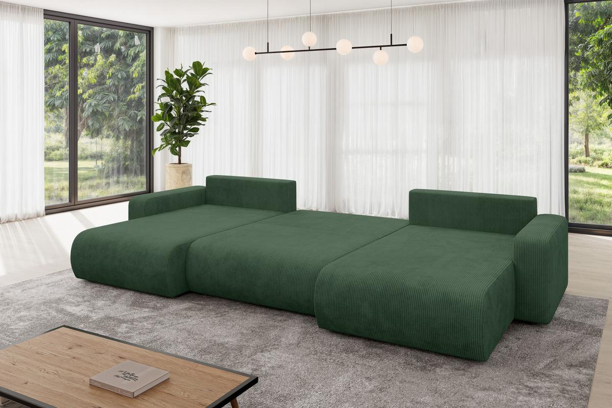 WOHNLANDSCHAFT mit Schlaffunktion und Bettkasten BERY-U 377x193x88 Grün Cord - Dunkelgrün/Schwarz, Holzwerkstoff/Kunststoff (377/88/193cm) - ALTDECOR