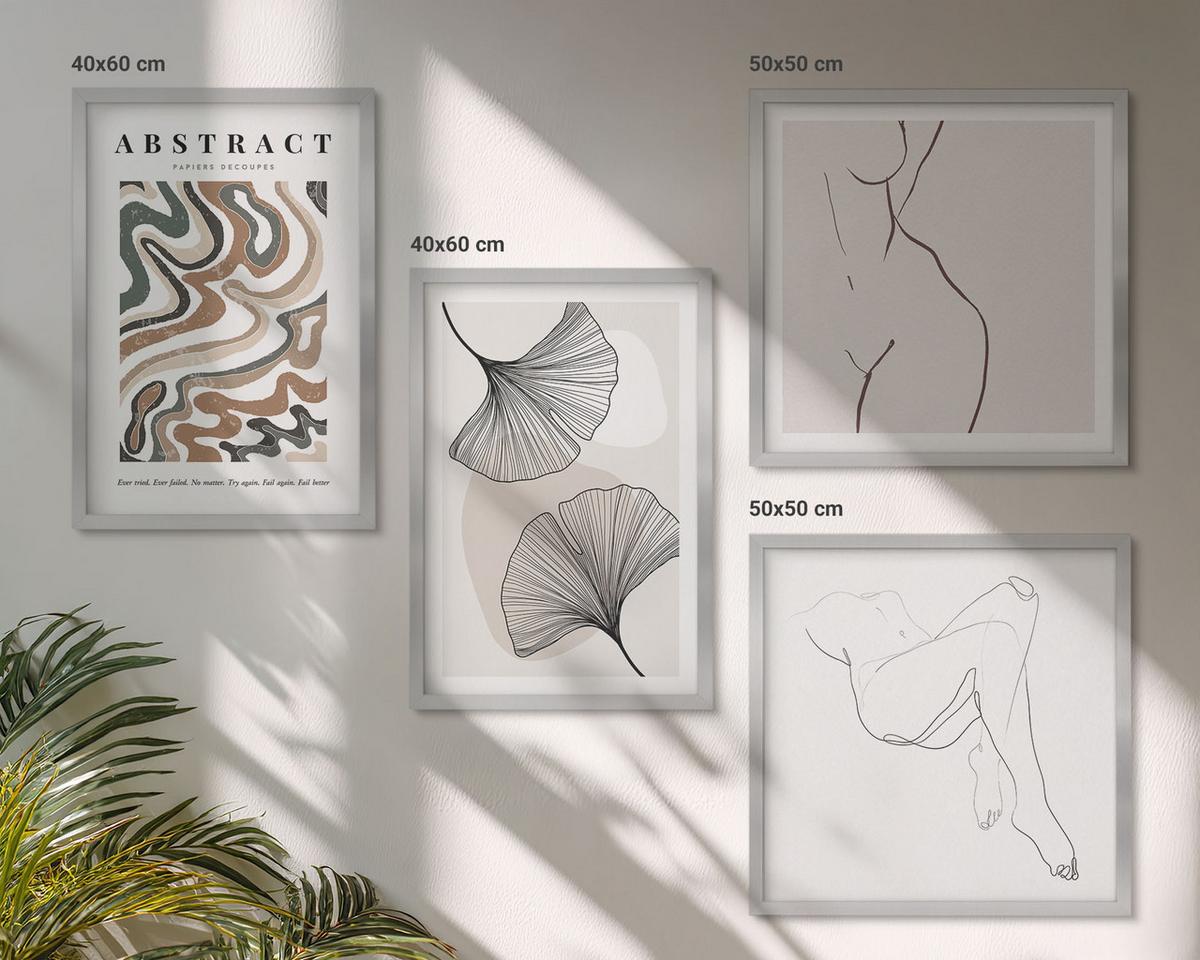 BILDER SET 4er Set - 50x50 cm & 40x60 cm Silberner Rahmen - Abstrakte Boho-Blattformen - Silberfarben, Kunststoff (50/50cm) - TULUP