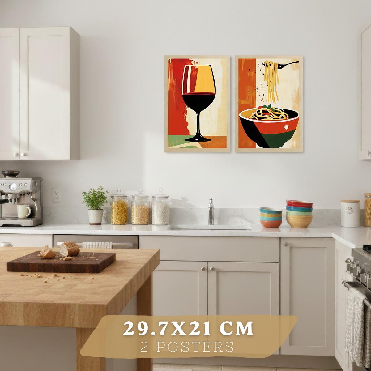 POSTER 2er Set Küchen-Wandbilder Rotwein und Pasta Vintage Retro Esszimmer Wanddeko Rahmenlos A4 - Beige, Papier (29.7/1/21cm) - Nacnic