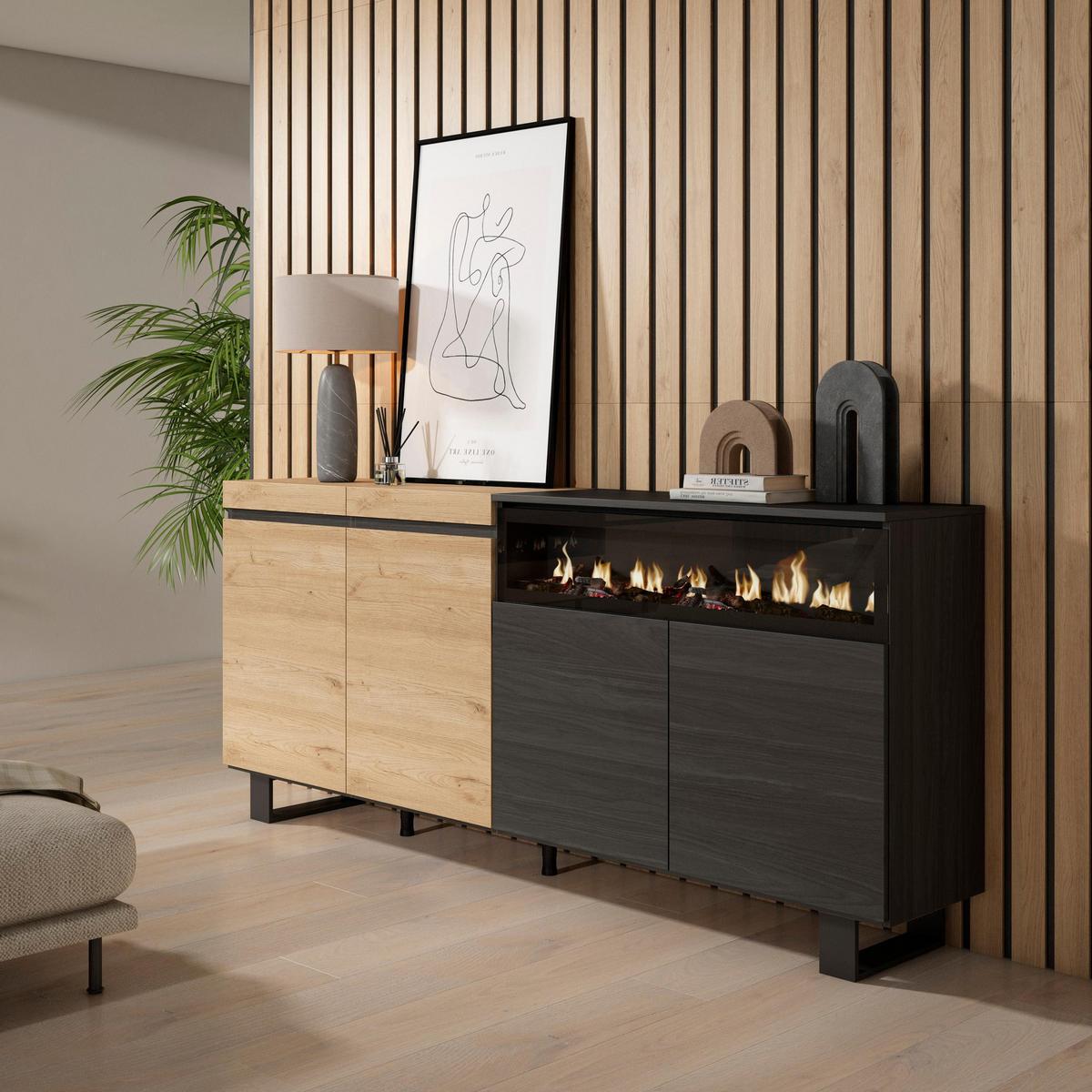 SIDEBOARD Elektrokamin, eiche, schwarz, 200/35/87cm - Beige/Multicolor, Holzwerkstoff (200/87/35cm) - Skraut Home