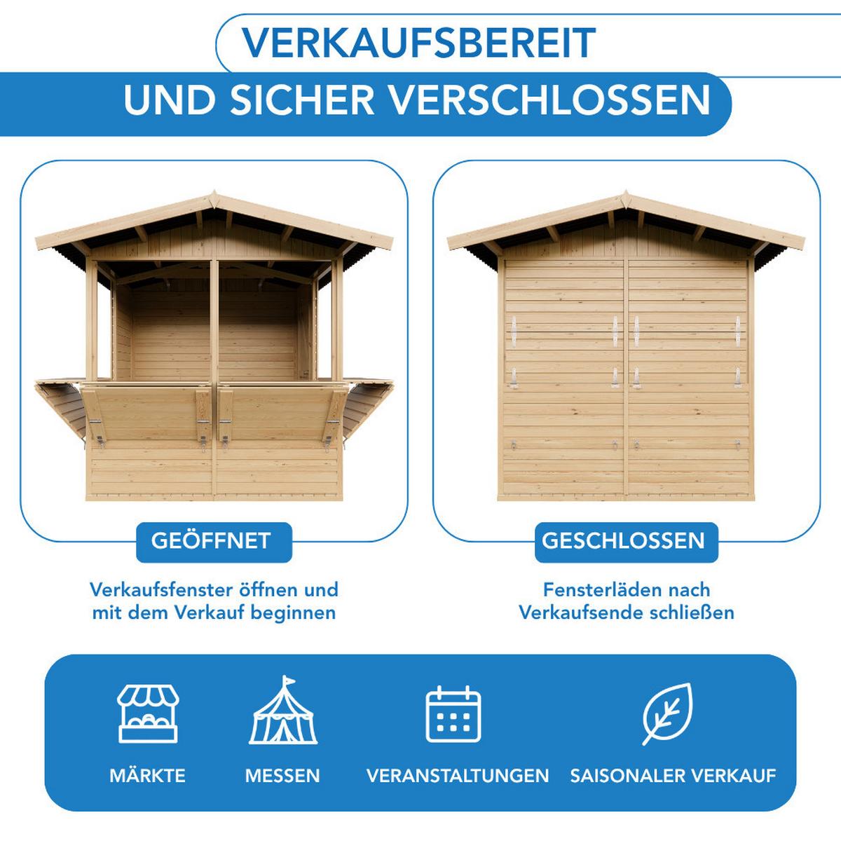 VERKAUFSSTAND aus Holz 4 m², zerlegbarer Marktstand mit 4 Verkaufsfenstern für Märkte, Messen und Events - Naturfarben, Holz (253/232/263cm) - Timbela