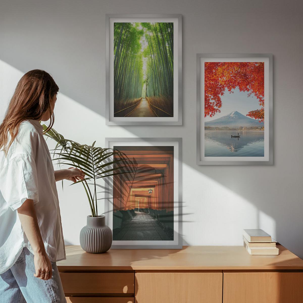 BILDER SET 3er Set - 40x60 cm Silberner Rahmen - Fuji-Bambuswaldlandschaft - Silberfarben, Kunststoff (40/60cm) - TULUP