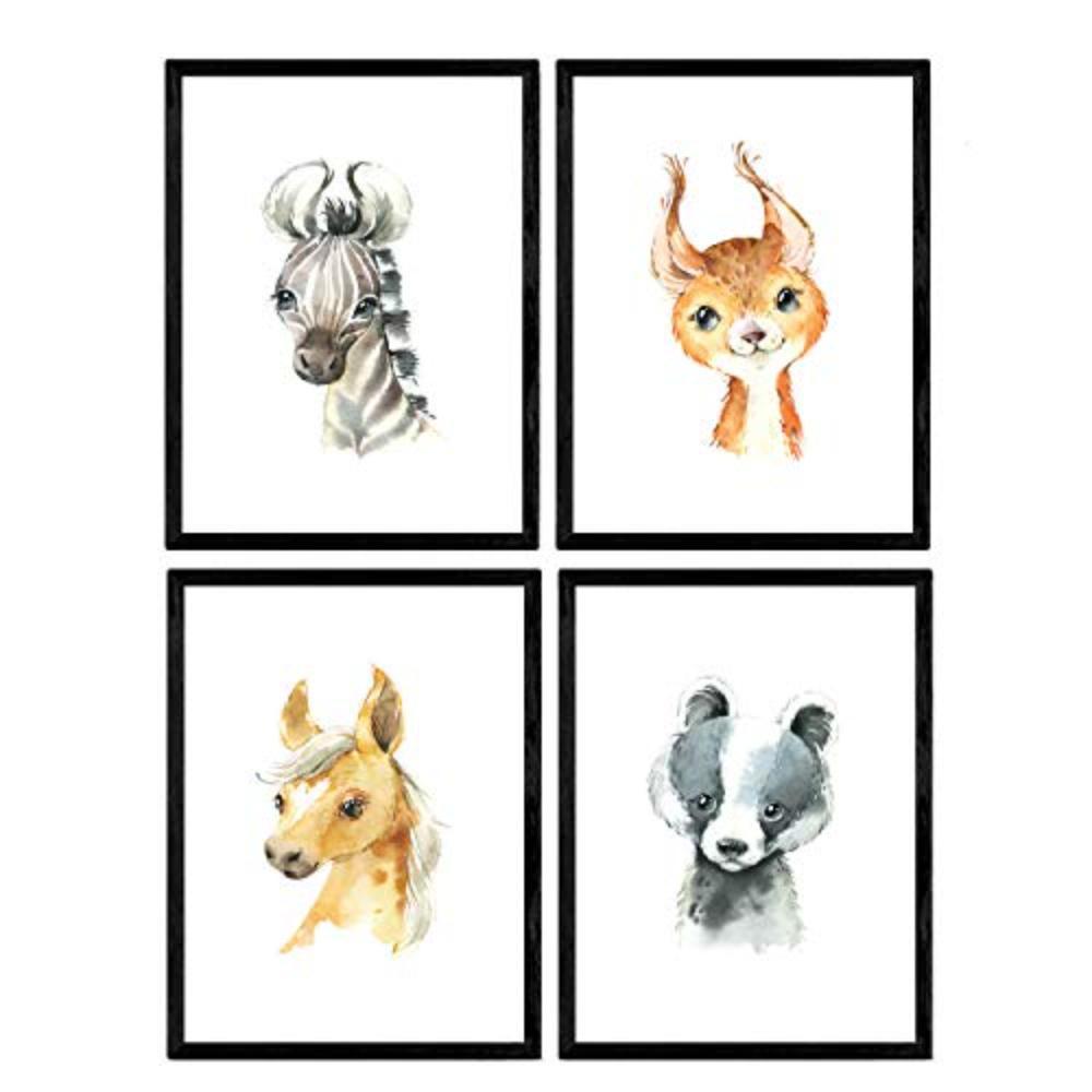 POSTER Set mit 4 Karte Zebra Pferd und Hirsch A3 Schwarzer Rahmen - Schwarz, Papier (29.7/3cm) - Nacnic